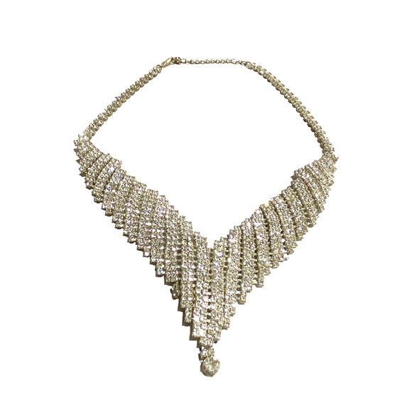 Vintage Silver Choker Necklace Rhinestone Encrusted Clear White Bib Collar Disco - Picture 5 of 10